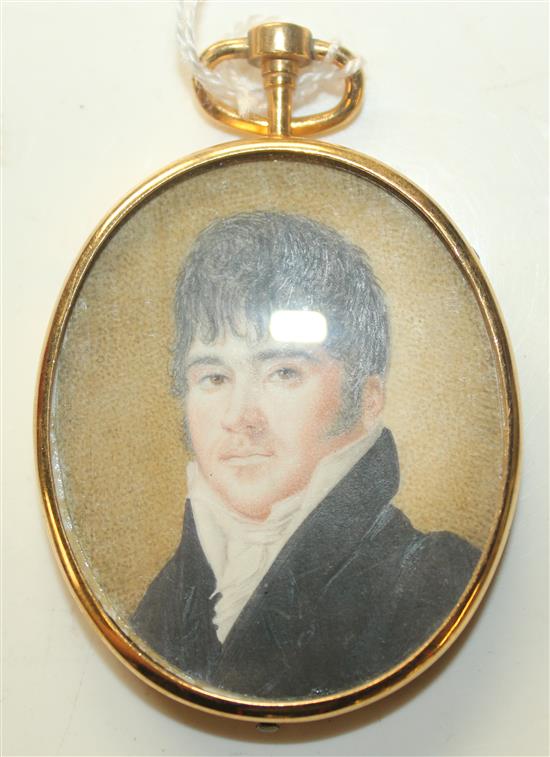 Charles Jagger (c.1770-1827) Miniature of a young man wearing a black coat against a stippled background, 2 x 1.5in.